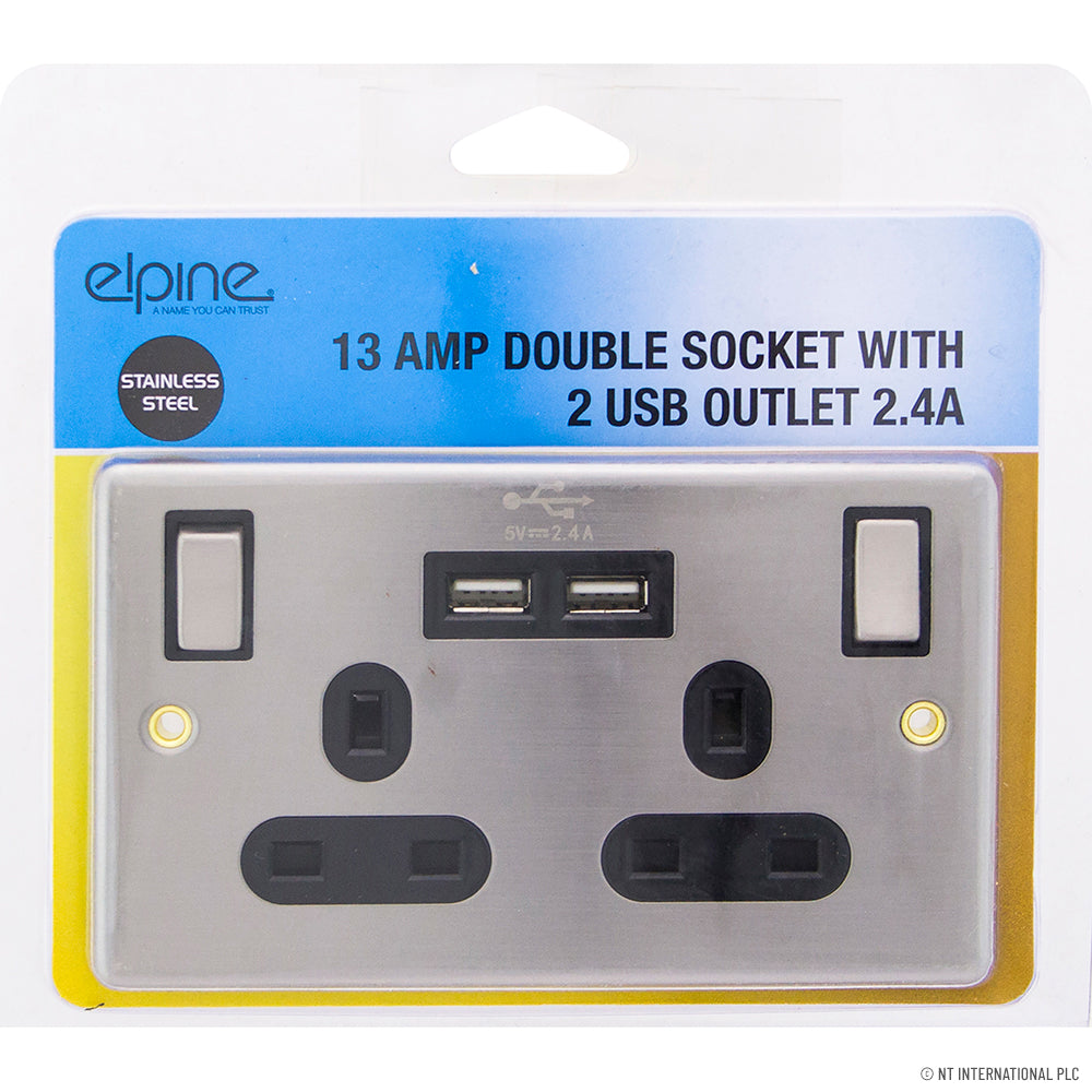 Double Socket with 2x2.4A S/Steel